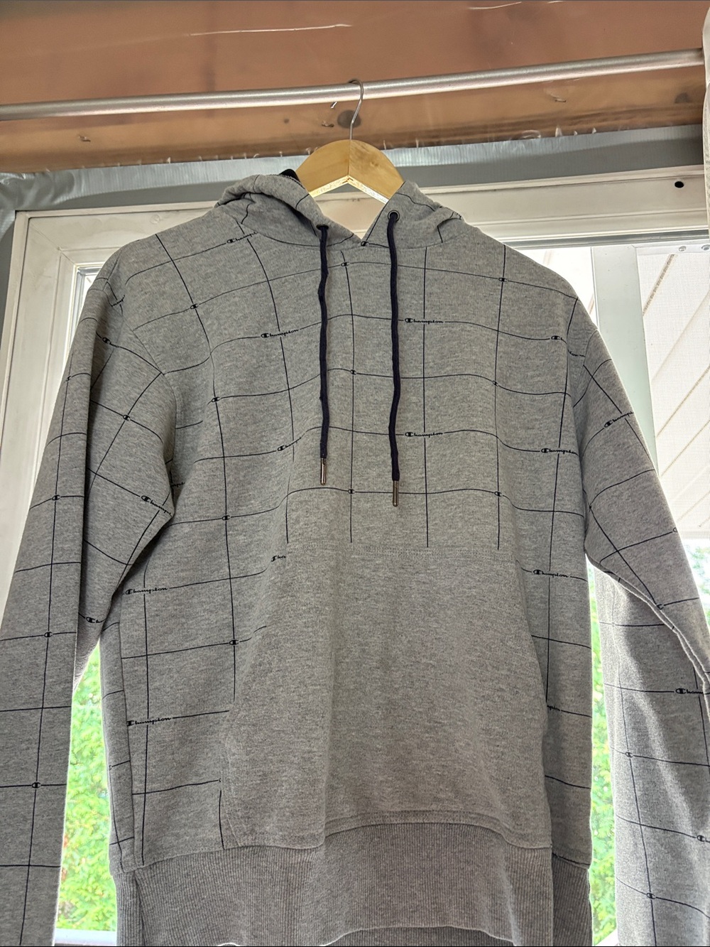 Champion Gray Grid Hoodie with Navy Drawstrings